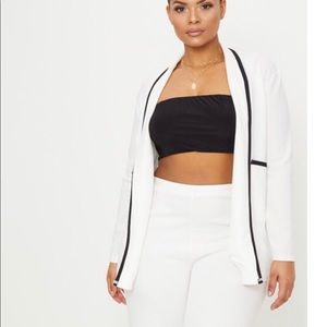 White and black trim pantsuit, wide leg